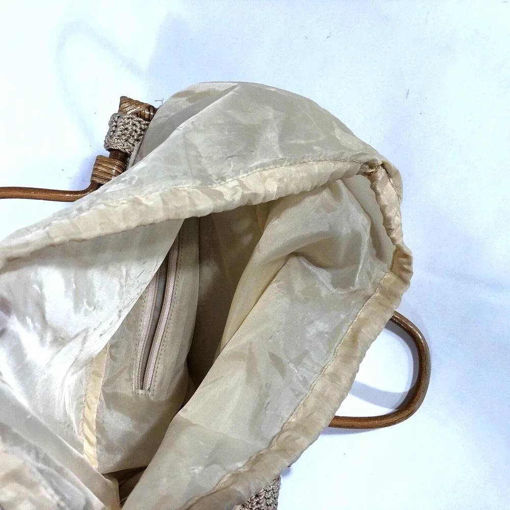 Vintage Crochet Wood Handle Handbag Tan Bauble Bubbles Lined Retro Neutral Beige